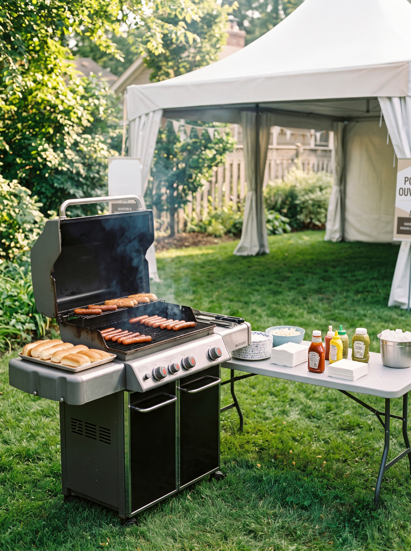 Saucisses et hot-dogs grilling sur le BBQ extérieur, sous le chapiteau de l'événement