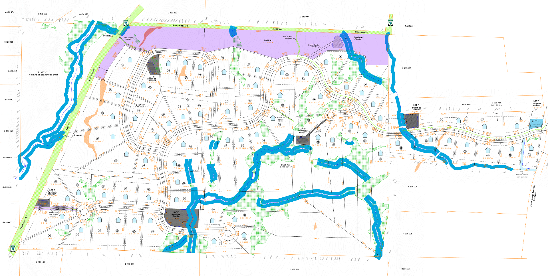 Plan cadastral officiel des Boisés de la Sucrerie : tracé des lots et cours d'eau à Eastman