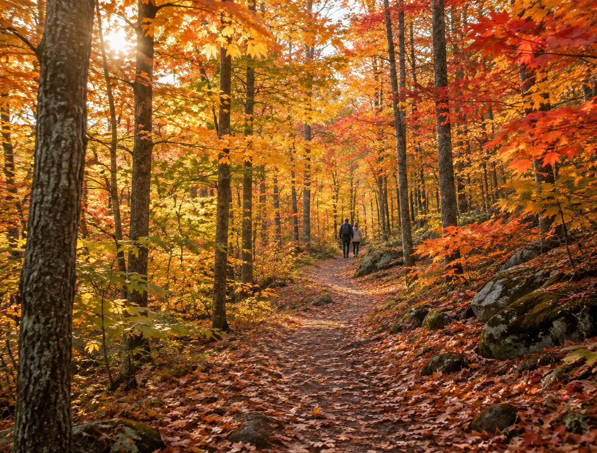 Couple marchant au loin sur un sentier dans une érablière aux couleurs d’automne