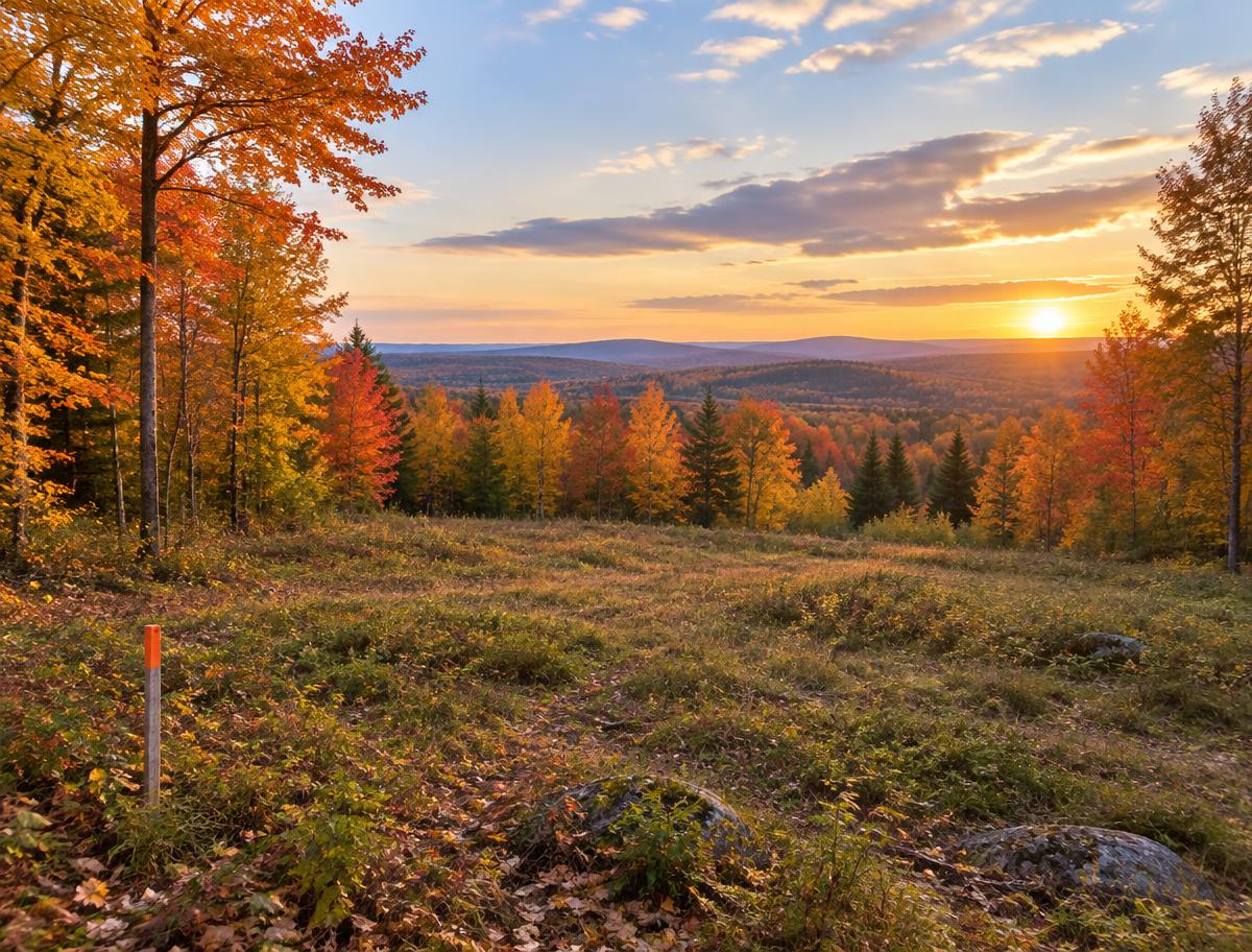 Grand terrain boisé dégagé avec un piquet d’arpentage au coucher du soleil en automne