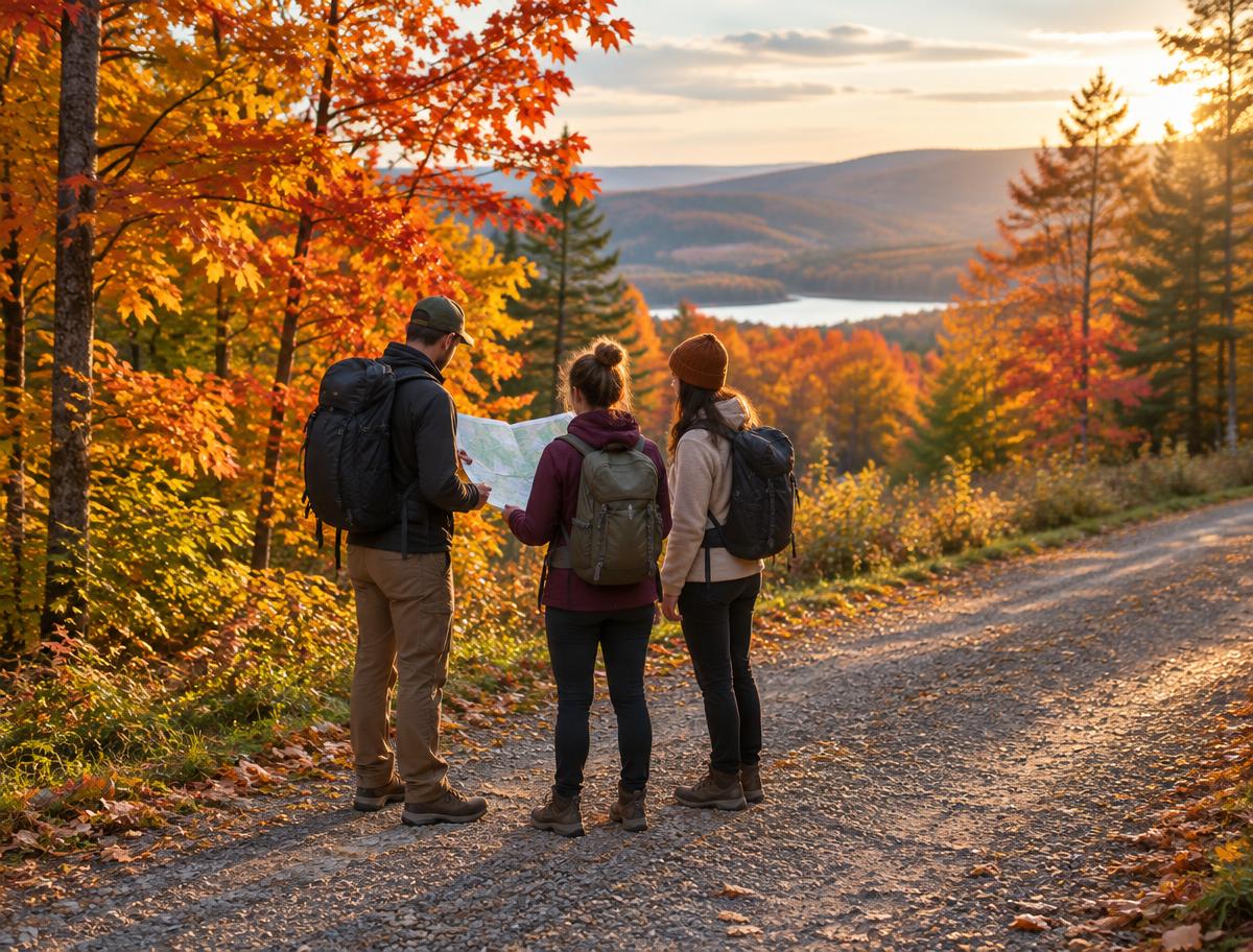 Trois personnes consultant un plan sur un chemin forestier en automne