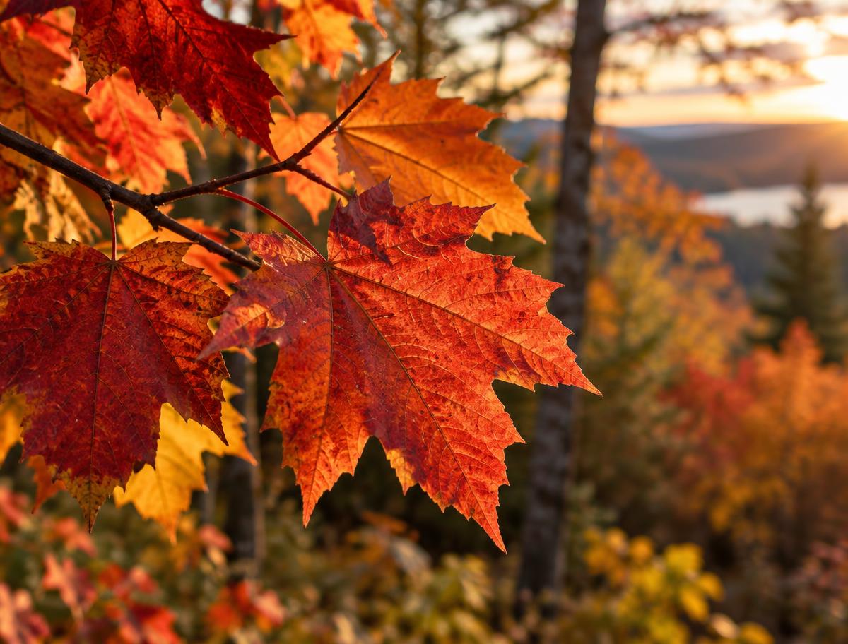 Feuilles d’érable rouges et orangées sur une branche devant une forêt floue