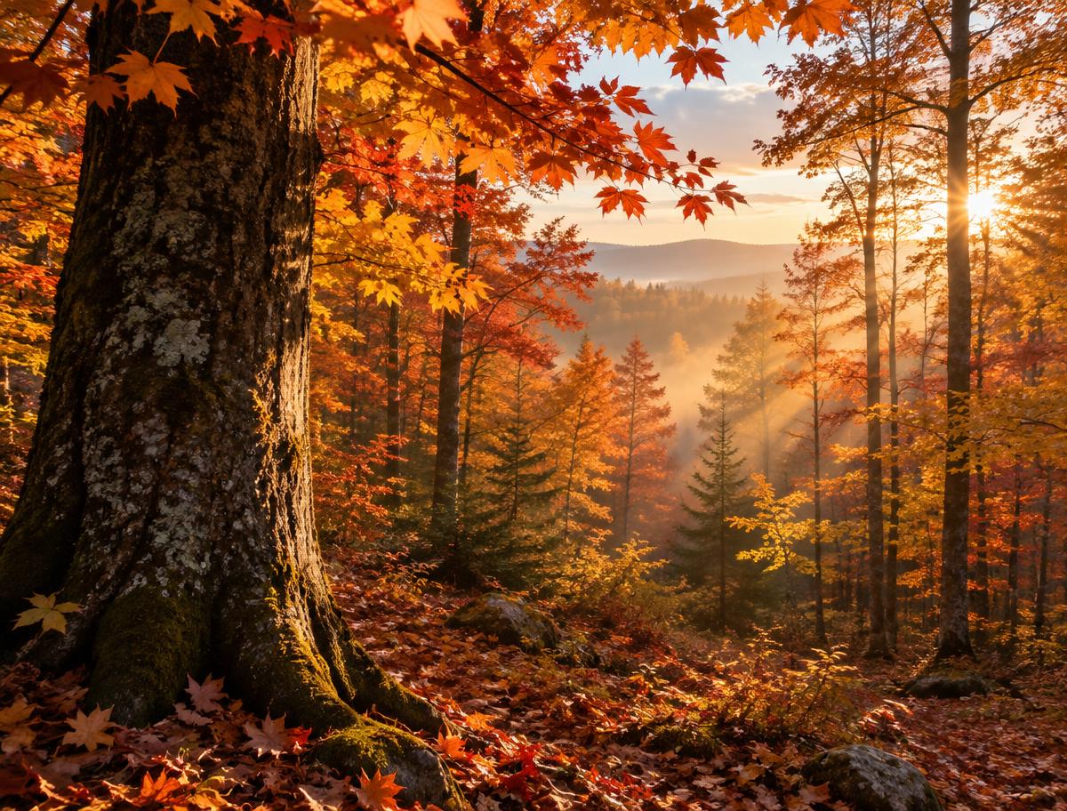 Tronc d’érable au premier plan avec les rayons du soleil traversant la forêt d’automne