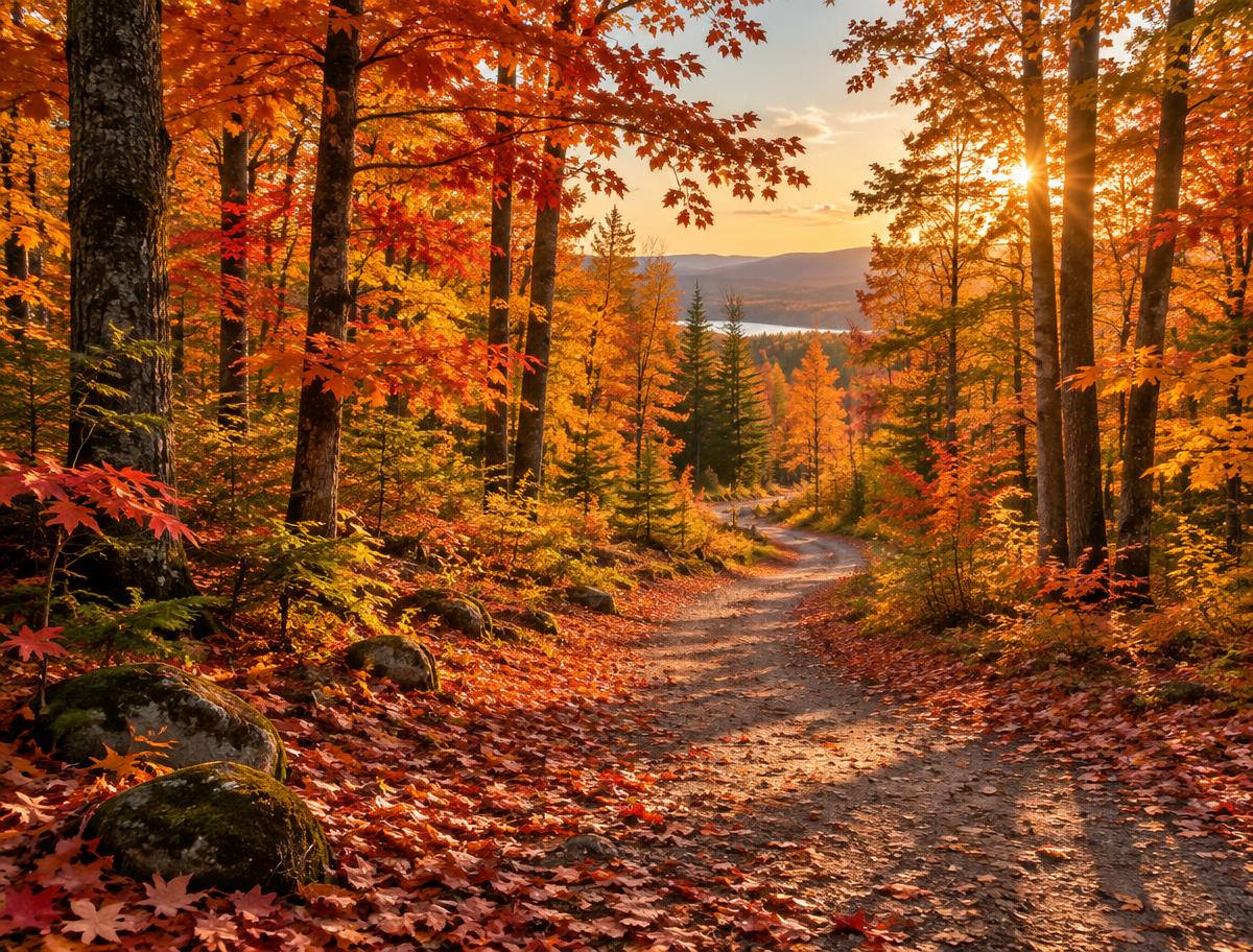 Chemin de terre couvert de feuilles traversant une érablière aux couleurs d’automne