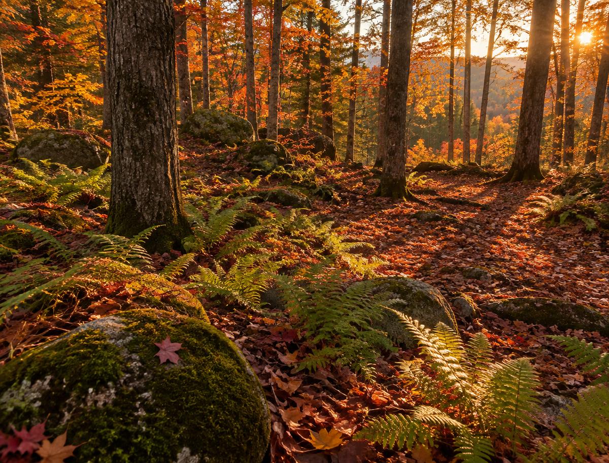 Sous-bois d’érables avec fougères, rochers moussus et feuilles mortes dans la lumière dorée