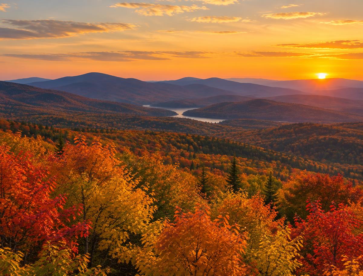 Montagnes de l’Estrie au coucher du soleil derrière une forêt aux couleurs automnales